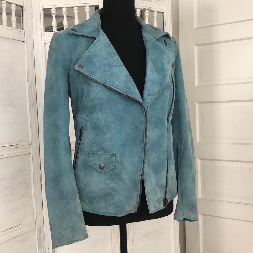 Blue/ Aqua Muubaa Leather Moto jacket